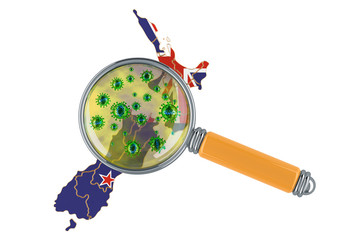 New Zealand map with coronavirus under magnifier, 3D rendering