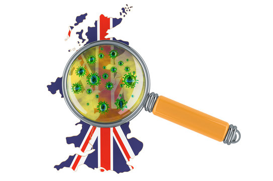 Great Britain Map With Coronavirus Under Magnifier, 3D Rendering