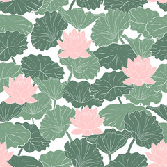 .Seamless pattern with flowers and lotus leaves on a white background. Hand-drawn vector illustration.