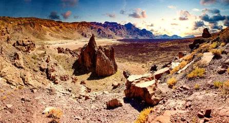 Fototapeten Naturpark Colorful scenic landscape of sunset in Tenerife national park of Teide.Alto de Guajara.Canary island..Volcano Teide with Llano de Ucanca.Desert panorama  © C.Castilla
