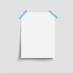 Realistic blank sheet of paper with blue adhesive tape and shadow on transparent background.