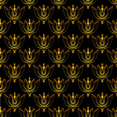 Art Deco Inspired Seamless Pattern of Golden Geometric Flowers on Black Background