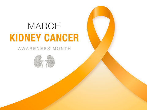 March - Kidney Cancer Awareness Month. Orange color awareness ribbon on white background. Vector design template. Concept healthcare banner.