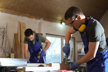 Professional carpenters working with wood in shop