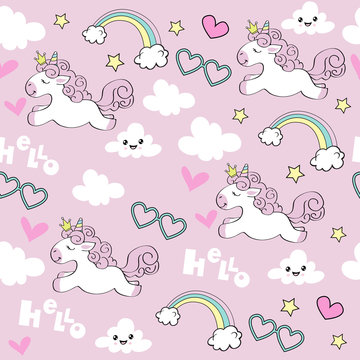 Cute flying unicorn and the inscription hello on a pink background seamless pattern for children. Vector illustration funny animals for birthday