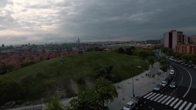 Circular aereal shot of Cerro del T&iacute;o P&iacute;o in Madrid on a cloudy day