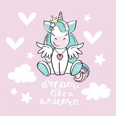 Obraz na płótnie Canvas Vector illustration with cute unicorn, white hearts and the inscription dream like a unicorn on a pink background