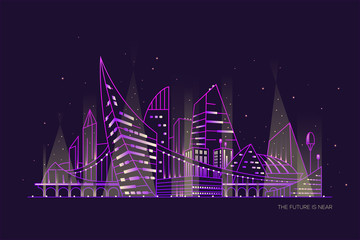 Simple linear futuristic cityscape. Isolated vector of night city. Outline glowing buildings on dark background. Towers and skyscrapers