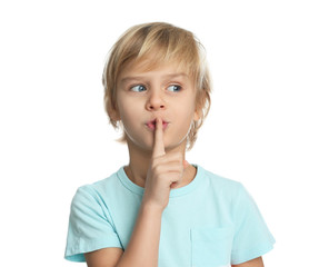 Portrait of cute little boy on white background