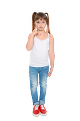 Little girl with chickenpox on white background