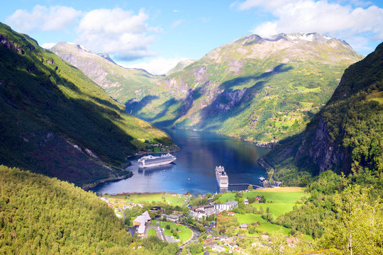 Geiranger Fjord and ruise ships in Norway