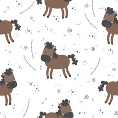 Vector seamless pattern with cute animals and hearts Baby horse Digital paper Children background