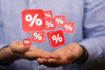 percent shopping digital in hand 3d.