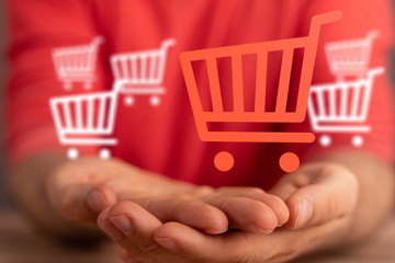 Online shopping business concept selecting shopping cart.