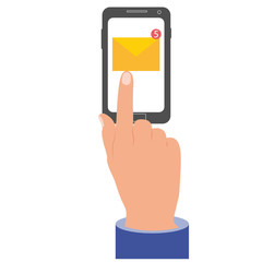 Hand touching smart phone with email symbol on the screen. New message. New email. Phone and new message. Flat vector illustration. Hand hold smartphone, finger touch screen. Smartphone screen.