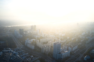 Aerial view of the sleeping areas of Warsaw at sunrise