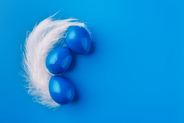 Easter background with a blue colored eggs and a white bird's feather,copy space