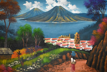 Pintura paisaje con volcanes