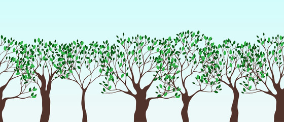 Spring green trees and blue sky. Seamless vector border. Gerden. Summer illustration