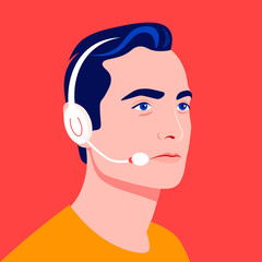 Portrait of a male call center operator. Technical Support Officer. Sales Manager. Bright vector illustration in flat style.