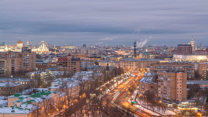 Fototapeta na wymiar Moscow city Russia skyline aerial panoramic top view day to night timelapse urban winter snow scenery architecture background