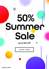 50% OFF Summer Season Sale Online Shopping Colorful Newsletter Template. Discount Coupon, Voucher, Poster Vector Design Concept. Website Fashion Banner.
