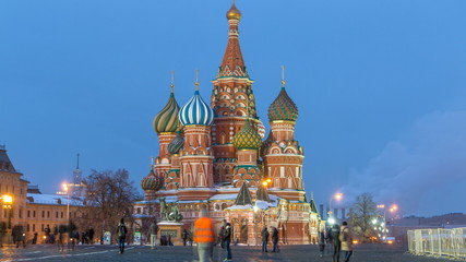 Red Square in winter day to night timelapse with Cathedral of St. Basil, Russia
