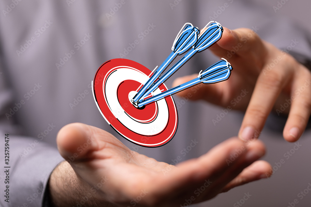 Poster  makes a dart throw on the target. The concept of persistence in business..