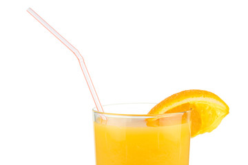 Orange juice with a straw and a slice of orange close-up on a white background.