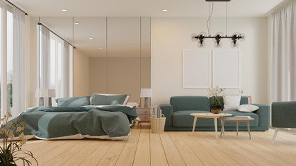 Interior poster mock up living room with colorful white sofa. 3D rendering.