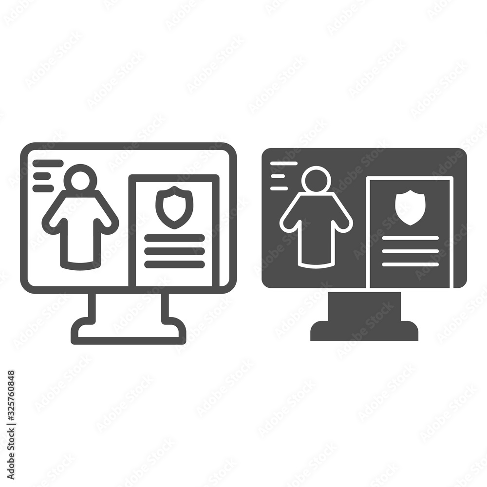 Aufkleber crime profile line and solid icon. person document on monitor, editing files on laptop. jurisprudenc