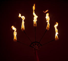 juggler girl performing fire games with python snake dress