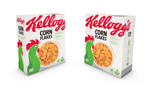 Italy, 18 february 2020: double view famous pack of Kellogs conflakes illustrative editorial