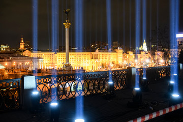 Light beams, which symbolize activist's souls killed during Euromaidan in Kyiv, Ukraine, 20-02-2020.