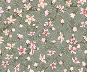 Papier peint Style japonais Modèle sans couture avec branches fleuries. Floraison rose
