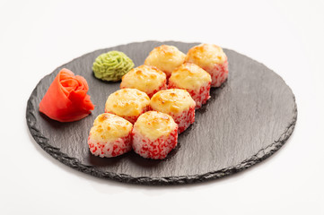 Sushi roll set served on black stone. Japanese food