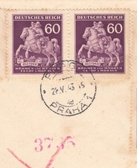 Riding postman (18th century). Postmark of the city Prague, stamp  Bohemia and Moravia 1943