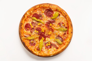 Pizza with salami, pepperoni and corn. Top view.