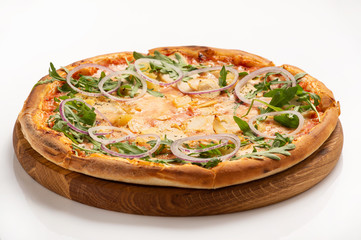 Pizza with chicken and onion rings isolated on white background. Close up.