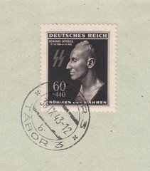Portrait of Reinhard Heydrich (1904-1942), deputy protector. Postmark of the city Tabor, stamp...