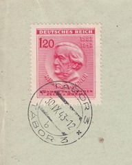 Portrait of Richard Wagner (1813-1883), composer. Postmark of the city Tabor, stamp Bohemia and Moravia 1943