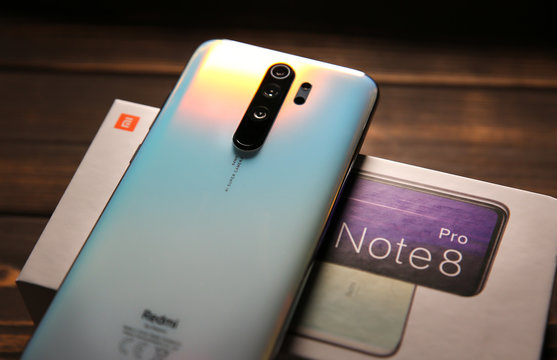 LVIV, UKRAINE - October 30, 2019 : Modern smartphone Xiaomi Redmi Note 8 Pro with super camera on 64 Mp. resolution