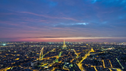 View of Paris and Eiffel Tower from Montparnasse tower timelapse twilight, France