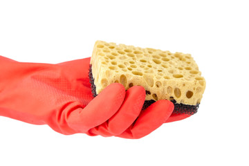 Hand in glove, household dishwashing sponge from reticulated foam