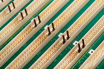Slots on the motherboard close up. Connector on the circuit board of computer