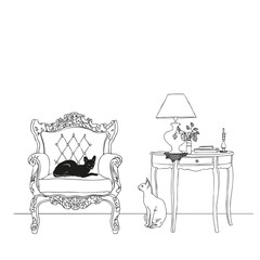 Drawing of the interior of the room, a chair with a cat, a vase of flowers and a lamp on the table, a sketch with contour lines. Vector illustration