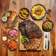 Grilled meat served with salads, chips and sauces on wooden desk
