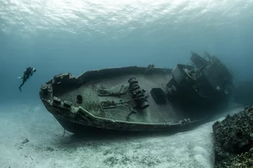 Printed kitchen splashbacks Shipwreck Divers examining the famous USS Kittiwake submarine wreck in the Grand Cayman Islands