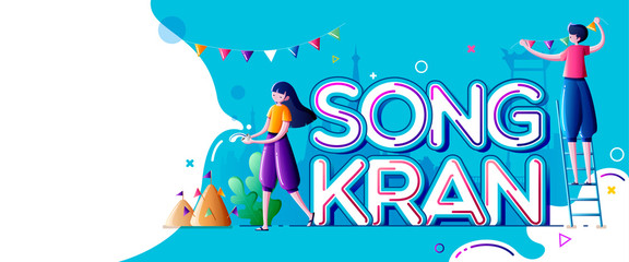 Songkran Festival in Thailand with people enjoy splashing water and decorating text on blue background with copyspace ,Thai New Year's day-Horizontal banner design,greeting card, headers for website.