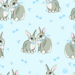 Seamless pattern of cute bunnies on a blue background. Baby bunnies with bows vector illustration for printing on fabric, paper, packaging, wallpaper.